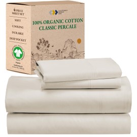 California Design Den 100% Organic Cotton King Size Sheet Set, Percale Sheets, Deep Pocket King Sheets, GOTS Certified, Hotel Sheets, Cotton Bed Sheets King, Ivory Sheets