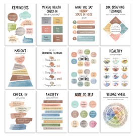 12 Pcs Mental Health Posters - Mental Health Awareness Items, Therapy Office Decor, Counseling Office Must Haves, School Counselor Inspirational Positive Poster, Mental Health Gifts (Laminated Posters-10"x14")