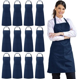 Syntus 12 Pack Bib Apron, Unisex Aprons Adjustable Waterdrop Resistant with 2 Pockets Cooking Kitchen Apron for Chef, BBQ Drawing Apron Bulk, Nautical Blue
