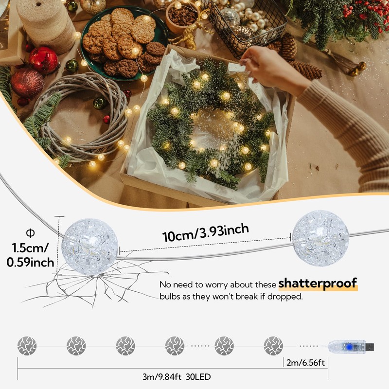 BEEWIN Globe String Lights,10FT 30 LED Decorative Christmas Lights,8 Modes