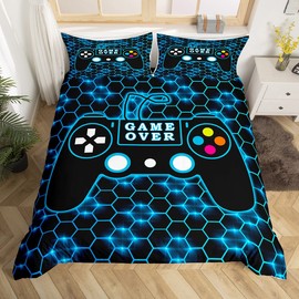 Gamer Duvet Cover Gaming 135 x 200 cm Bedding Set Gamepad Video Game Comforter Cover for Boys Girls Children Teens Game Controller Blue Geometry Bedspread Cover Quilt Cover 2 Pieces