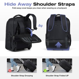 Lekespring Rolling Backpack for Adults,18 Inch Waterproof Carry-on Back pack with Wheels, Wheeled Carry-on Luggage, Travel Bag for Men Women， Trolley Laptop Backpacks, Black Large