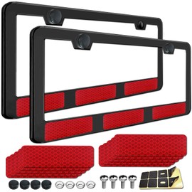 NJNYLLC License Plate Frames Black, 2 Pack Aluminum Universal Aluminum Metal Car Tag Frame with 10PCS Reflective Stickers & Screws