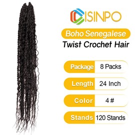 CISINPO Boho Twist Crochet Hair 24 Inch, 8 Packs Wavy Senegalese Twist Crochet Hair with Curly Ends, Brown Pre-Looped Pre-Twisted Island Style Goddess Passion Braids (120 Strands, 4#)