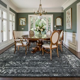 Lahome Area Rugs 9x12 Living Room Soft Large Rugs for Bedroom, Boho Black Dining Room Rug, Distressed Non Slip Low Pile Carpet for Indoor Home Office(9'x12', Black/Grey)