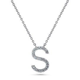 BERRICLE Sterling Silver Initial Letter 'S' Cubic Zirconia CZ Fashion Pendant Necklace for Women, Rhodium Plated