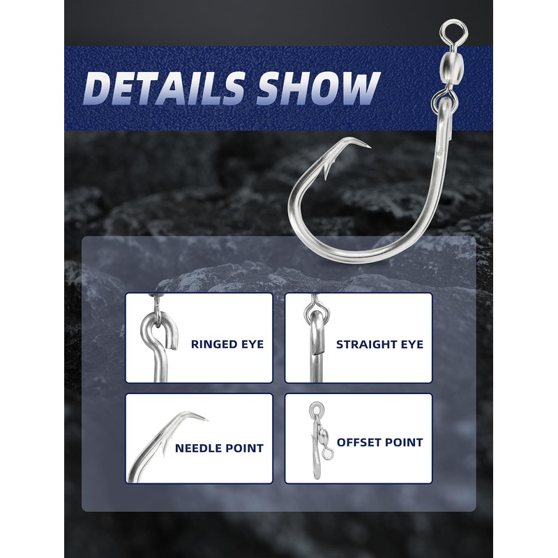 BLUEWING Offset Circle Hook with Swivel 5pcs Stainless Steel Fishing