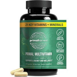Primal Harvest Primal Multivitamin - Daily Multi-Vitamin Supplement with 21 Essential Vitamins & Minerals for Women & Men - Vitamin A, C, D, E, B12, B6, Biotin, Folic Acid, Zinc, Copper & Selenium