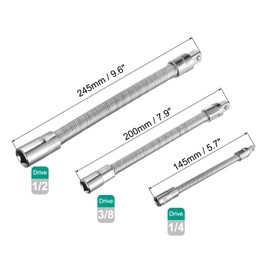 sourcing map 1/4" 3/8" 1/2" Drive Socket Extension Bar Set Spring Steel Chrome Plating Flexible Extension-Bar Set Universal Joint Socket Extensions Silver 3-Piece Set