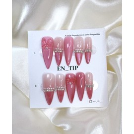 Cherry Pink Glow Handmade Nail Tips - Square / 체리 핑크 글로우 수제네일팁 - 스퀘어