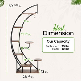 6 Tier 9 Potted Steel-Wood Plant Stand with Hanger, Curved Flower Pot Holder Shelf for Indoor Brown