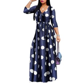 PerZeal Maxi Dresses for Curvy Women Casual Flutter 3/4 Sleeve V Neck Elastic Waist Long Dress Polka Dot Dark Blue and White Small
