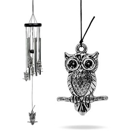 BANBERRY DESIGNS Owl Wind Chime - 25” Outdoor Indoor Silver Owls Windchimes– Mobile Musical Wind Catcher for Garden Decoration – Wind Bell Gifts