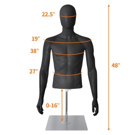 YumHome Male Mannequin Faceless Adjustable Plastic Half Body Display Mannequin Head with Metal Stand, for Retail Clothing Shops, Decoration, Black