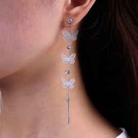 TseenYi Boho Butterfly Tassel Dangle Earrings Long Butterfly Drop Earrings Gold CZ Butterfly Drop Earrings Crystal Hollow Butterfly Earrings Jewellery for Women and Girls, Crystal