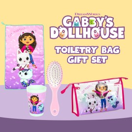 Gabby's Doll House Girls Toiletry Bag, Includes Glass, Hairbrush, Towel and Children's Toiletry Bag, Pandy Paws Gabby and Mercat Design, pink, Classic