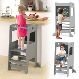 INFANS Toddler Standing Tower, Kids Montessori Kitchen Step Stool Helper with 2 Adjustable Height Learning Blackboard Safety Rail Wooden, Anti-Slip Mats, 1-3 Year Old Boy Girl Gifts (Grey)