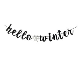 Hello Winter With Silver Snowflake Banner, Black Winter Theme Party Sign, Christmas Winter Holiday Birthday Baby Shower Party Supplies Decorations