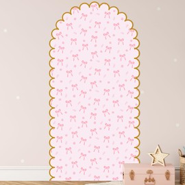 Leinuosen Arch Wall Decals Peel and Stick 58 x 30 Inch Large Pink Bow Wall Decal Stickers with Golden Scallop Frame Bow Room Decor Coquette Wallpaper for Arch Backdrop Nursery Bedroom Living Room
