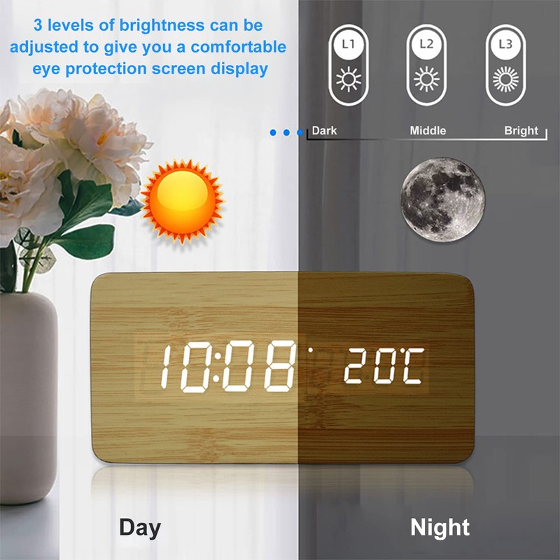 Buachois Wooden Digital Alarm Clock, Alarm Clock with Wireless Charging