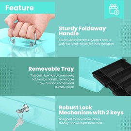 Flexzion Cash Box with Money Tray and Lock - Metal Cash Box for Small Businesses, 9-Compartment Blue Money Box with Lock and Key for Petty Cash, Checks, Coins, Portable Money Box for Cash Storage