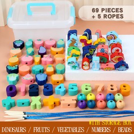 Sizkii 3+ Years Old Wooden String Lacing Beads Blocks for Toddlers Dinosaurs Vegetables Fruits Number Montessori Toys with Storage Box Learning Toys Christmas Birthday Gifts (Pattern C - 69 Pcs)