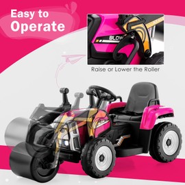 HONEY JOY Pink Ride On Car, 12V Electric Road Roller with Remote Control, Battery Powered Toddler Tractor with Adjustable Drum Roller, Horn & Music, Headlight, Ride On Construction Vehicle for Kids