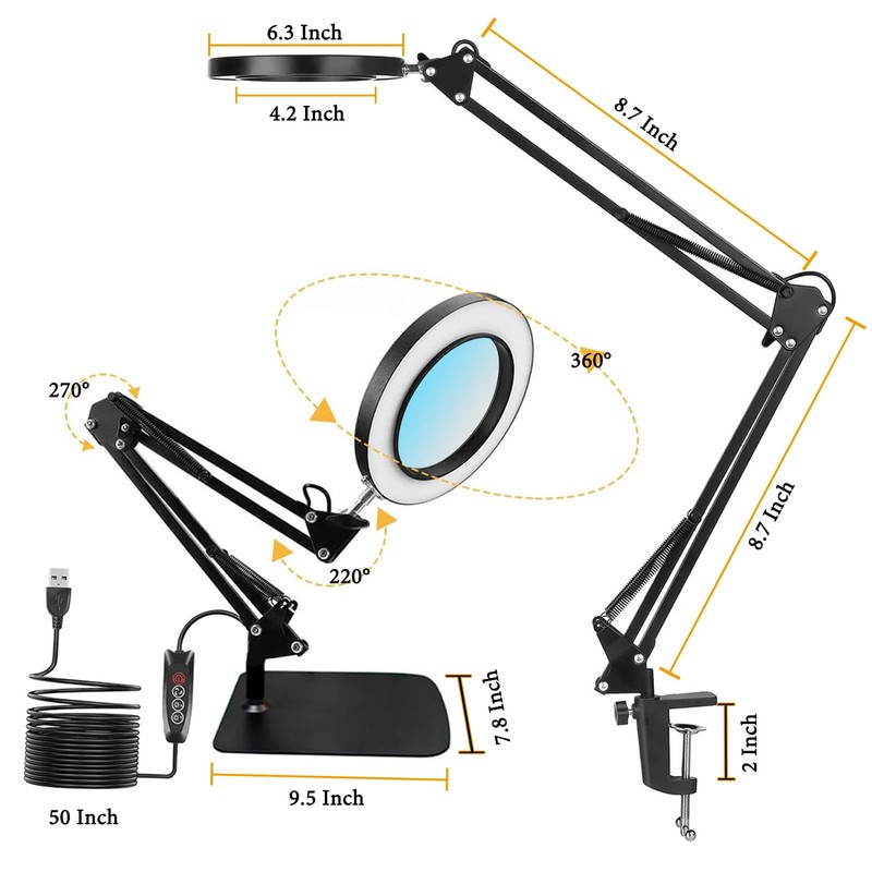 15X Magnifying Glass Lamp with Clamp and Stand, 72 LEDs