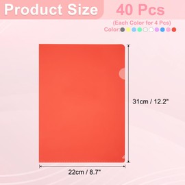 PATIKIL A4 Plastic Folders, 40 Pack Clear Folders L Type Project Pockets Paper Document Jacket Sleeves L Shaped Transparent for Documents Plastic Office File, 8.7x12.2in, 10 Color
