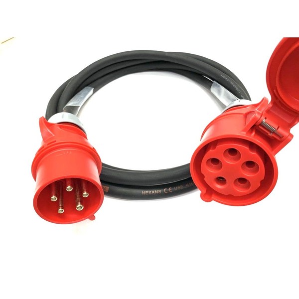 32 Amp 5 Pin 415V IP44 Three Phase Extension Lead - PCE Red - 6mm² Heavy Duty Industrial H07RN-F Rubber Cable - 32A 3PH HO7 (3 Metre)