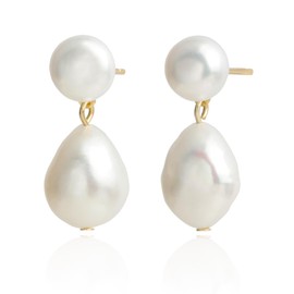 Handmade Freshwater Cultured White Baroque Pearl Dangling Drop Earrings for Women, 14K Gold Plated