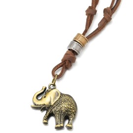 COOLSTEELANDBEYOND Vintage Aged Brass Textured Elephant Pendant Necklace for Women with Adjustable Brown Leather Strap, Brown leather, No Gemstone