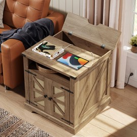 HOOBRO Boho End Table with Charging Station, 23.6" Large End Tables for Living Room, Sofa Side Table with Rattan-Like Barn Door, Wooden Square Nightstand, Big Bedside Table, Flip Top, Tan Brown