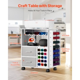 VEVOR Rolling Craft Cart and Storage Table, Compatible with Cricut Machines, Crafting Table Organization Workstation with 2 USB Ports and Outlets, 15 Vinyl Roll Holders and 2 Drawers, for Craft Room