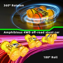 Amphibious RC Stunt Cars,4WD Remote Control Car,Double-Sided Driving 360° Flips Rotating Car Toy RC Gesture Stunt Car with LED Lights,Water Beach Pool Toys for Boys Girls Ages 3-12 Gifts (Orange)