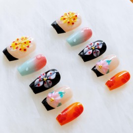 [GLORS] 3D Floral Press-On Nails, French Tip Design with Ombre Effect, Hawaiian Style Short False Nails, 10 Pieces (S,MB)