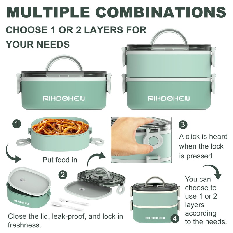 RIKDOKEN Lunch Box, Stackable 2 Layers Containers, Portable 64OZ Large