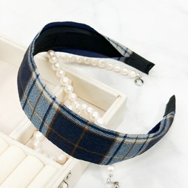 Burnaby Blue Check Daily Hairband Wide Headband / 버나비 블루 체크 데일리 헤어밴드 넓은머리띠