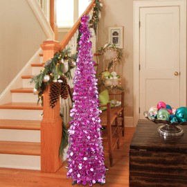 N&T NIETING Christmas Tree,5ft Collapsible Pop Up Christmas Tree Fuchsia Tinsel Coastal Christmas Tree for Holiday Xmas Decorations,Home Display, Office Decor