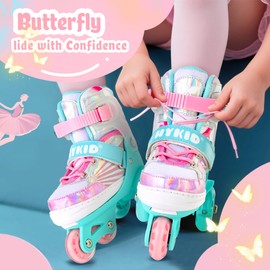 HYKID Adjustable Kids Roller Skates, Ages 5-8, Light Up Wheels and Safety Three-Point Design, Beginners Training Skates for Girls Boys Children's Day Gift (Butterfly, S-Small)