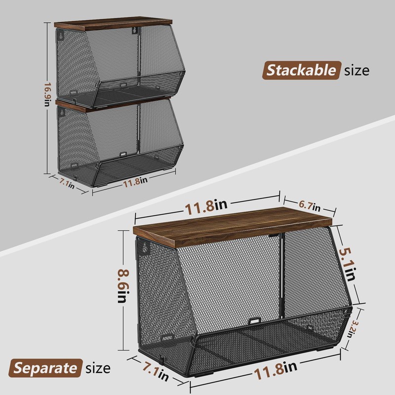 Litwaro Fruit Basket Wire Baskets with Wood Lid, Wall Mounted