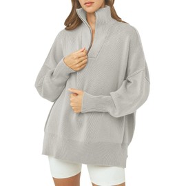 ANRABESS Women's Oversized Fashion Long Sleeve Quarter Zip Baggy Loose Slouchy Sweater Pullover Tops 2024 Fall Outfits Gray X-Small