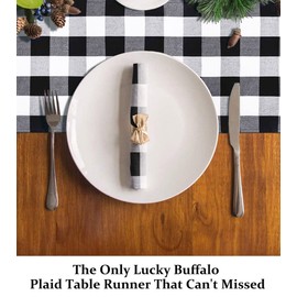 DUOBAO Buffalo Plaid Table Runner with Tassels 14x72-Inch Checked Linen Cotton Picnic Tables Overlay Rectangle Tablecloths Farmhouse Decor Gingham Runners Black and White