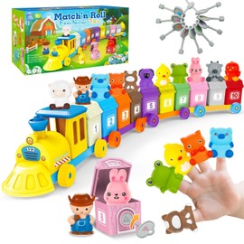 Farm Animals Train with 11 Finger Puppets and Keys, Counting, Matching, Sorting Montessori Learning Toy for Toddler 1 2 3 4 Years Old, Fine Motor Games, Educational Birthday Gift for Boys Girls Kids