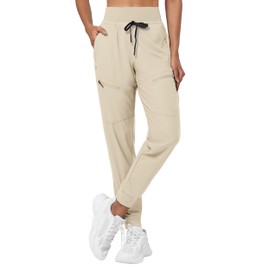 Willit Women's Joggers Lightweight Hiking Pants Quick Dry Travel Athletic Track Pants Zipper Pockets UPF 50+ Khaki XL