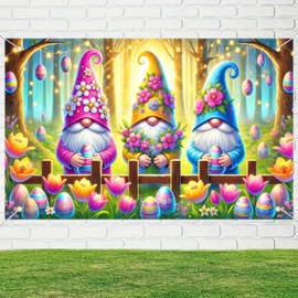BlissYard Happy Easter Banner Cute Dwarf Outdoor Decoration Banner Easter Egg Tulip flower Background Shooting Banner 71x43 Inch Party Backdrop Banner Spring Party Decorations