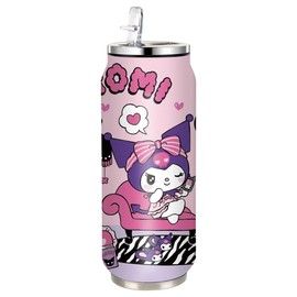 HOOKTA Kuromi Stainless Steel Water Bottle, 500 ml, Flip-Up Sports Bottles Made of Stainless Steel with Straw, Reusable Drink Cup for Travel, Sports (Calls)