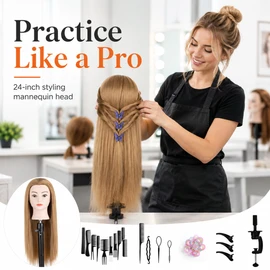 24-Inch Hairdressing Mannequin Head with Synthetic Fiber Hair – Styling, Braiding & Cutting Practice Doll for Cosmetology Training