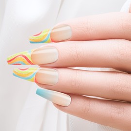 GoldFinger Trendy False Nails Kit, X-Long Coffin Design Nail, Fantasy French Tip Sky Blue Print, Ready to Wear Gel & Manicure Stick included, Long-Lasting Convenient & Easy to Apply