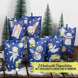Extravagant Advent Calendar for Filling with 24 Blue Gift Bags and 24 Number Stickers and Clips Space Motif for Crafts and Gift-Giving for Christmas and Advent